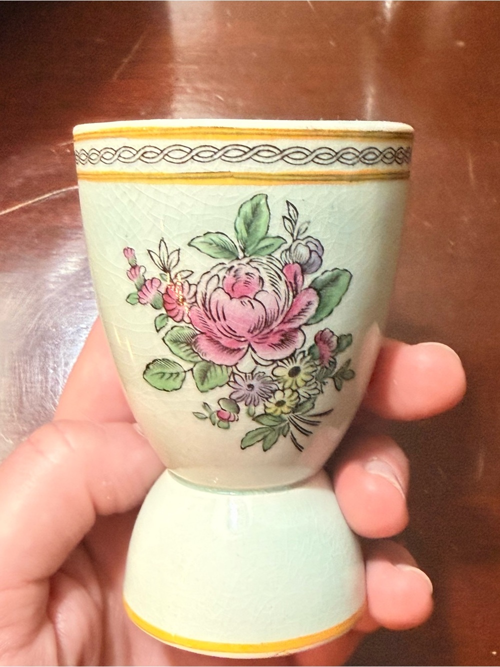 Vintage Adams Pale Green/Blue Egg Cup with Pink Rose and Yellow Rim